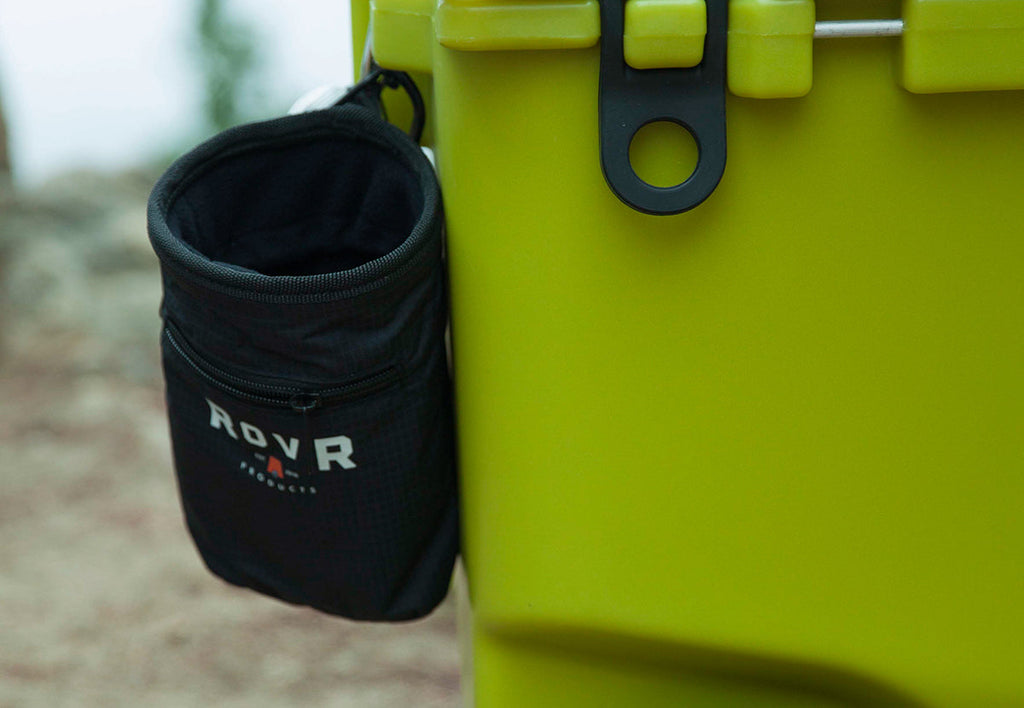 Stash Bag, featuring RovR branding, seen attached to a RollR series cooler.