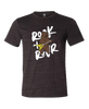 Bear playing electric guitar pictured over the phrase "Rock + RovR" on heathered charcoal shirt.