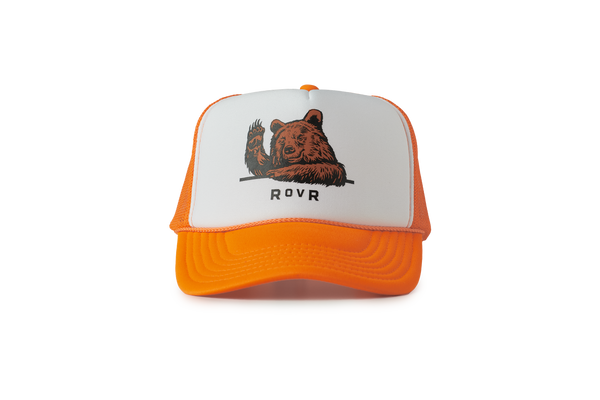 Bear Wave graphic featured on white and orange TruckR Hat.