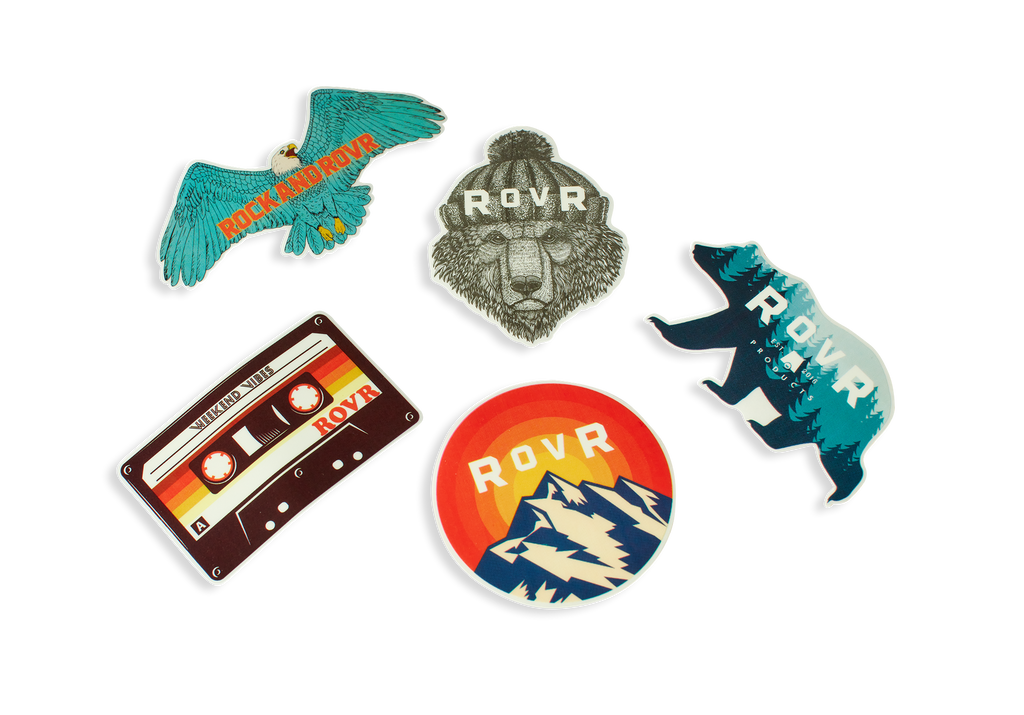 Five stickers pictured - Rock and RovR Eagle, Winter Bear, Weekend Vibes Cassette tape, Walking Bear, and Mountain Sunrise.