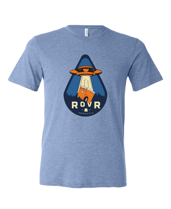 UFO beams up Desert orange colored RollR cooler. Seen on the front of a blue shirt.